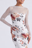 Vestido formal de manga longa com gola floral preta e gola ilusão em forma de sereia