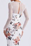 Vestido formal de manga longa com gola floral preta e gola ilusão em forma de sereia