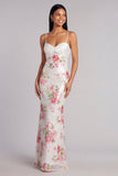 Vestido formal de sereia com alças finas florais em marfim, lantejoulas
