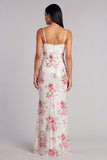 Vestido formal de sereia com alças finas florais em marfim, lantejoulas