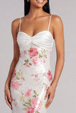 Vestido formal de sereia com alças finas florais em marfim, lantejoulas