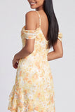 Vestido Amarelo Asimétrico Com Folhos e Ombros Frios