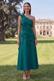 Vestido Amarelo Midi A-Line Floral de Um Ombro