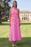 Vestido Amarelo Midi A-Line Floral de Um Ombro