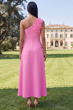 Vestido Amarelo Midi A-Line Floral de Um Ombro
