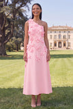Vestido Amarelo Midi A-Line Floral de Um Ombro