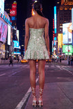 Vestido de Boas-Vindas ao Casa, Bodycon Verde-Sálvia Sem Alças, Bordado e Folhos