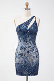 Vestido de regresso a casa com lantejoulas bodycon colorido de um ombro brilhante