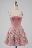 Vestido de regresso a casa, Corset cor-decote cor-decote cor-de-rosa com lantejoulas florais