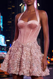 Vestido de regresso a casa, Corset cor-decote cor-decote cor-de-rosa com lantejoulas florais
