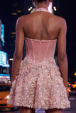 Vestido de regresso a casa, Corset cor-decote cor-decote cor-de-rosa com lantejoulas florais
