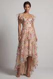 Espartilho de Tule A-Line Champanhe Bordado Floral High-Low Vestido Mãe da Noiva