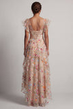 Espartilho de Tule A-Line Champanhe Bordado Floral High-Low Vestido Mãe da Noiva