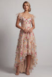 Espartilho de Tule A-Line Champanhe Bordado Floral High-Low Vestido Mãe da Noiva