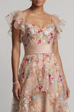 Espartilho de Tule A-Line Champanhe Bordado Floral High-Low Vestido Mãe da Noiva