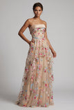 Espartilho de Tule Linha A de Champanhe Ombro Descoberto Vestido Floral Mãe da Noiva