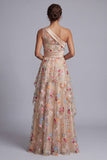 Vestido de Mãe da Noiva floral franzido em tule champanhe linha A de um ombro
