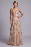 Vestido de Mãe da Noiva floral franzido em tule champanhe linha A de um ombro