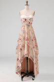 Espartilho A-Line Champanhe Sweetheart Tule High-Low Floral Vestido Mãe da Noiva