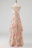 Espartilho A-Line Champanhe Sweetheart Tule High-Low Floral Vestido Mãe da Noiva