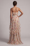 Espartilho A-Line Champanhe Sweetheart Tule High-Low Floral Vestido Mãe da Noiva