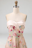 Espartilho A-Line Champanhe Sweetheart Tule High-Low Floral Vestido Mãe da Noiva