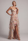 Espartilho A-Line Champanhe Sweetheart Tule High-Low Floral Vestido Mãe da Noiva