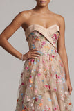 Espartilho A-Line Champanhe Sweetheart Tule High-Low Floral Vestido Mãe da Noiva