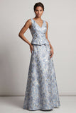 Vestido de Mãe da Noiva Azul Poeirento, Linha A, Decote em V, Longo Jacquard Floral
