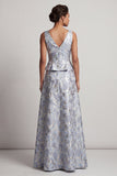 Vestido de Mãe da Noiva Azul Poeirento, Linha A, Decote em V, Longo Jacquard Floral