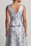 Vestido de Mãe da Noiva Azul Poeirento, Linha A, Decote em V, Longo Jacquard Floral