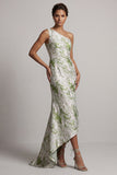 Vestido de Mãe da Noiva Verde Floral Claro Floral Um Ombro Longo