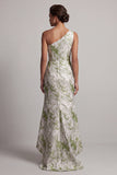 Vestido de Mãe da Noiva Verde Floral Claro Floral Um Ombro Longo