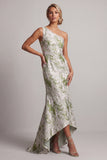 Vestido de Mãe da Noiva Verde Floral Claro Floral Um Ombro Longo