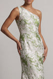 Vestido de Mãe da Noiva Verde Floral Claro Floral Um Ombro Longo