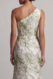 Vestido de Mãe da Noiva Verde Floral Claro Floral Um Ombro Longo