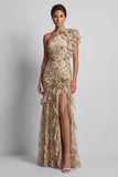 Vestido de Mãe da Noiva Floral Floral de Champanhe Longo com Folhos e Fenda
