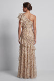 Vestido de Mãe da Noiva Floral Floral de Champanhe Longo com Folhos e Fenda