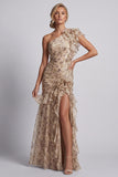 Vestido de Mãe da Noiva Floral Floral de Champanhe Longo com Folhos e Fenda