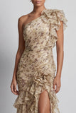Vestido de Mãe da Noiva Floral Floral de Champanhe Longo com Folhos e Fenda