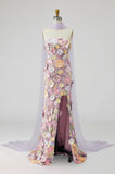Vestido Longo de Mãe da Noiva Floral de Sereia Roxo Claro Sem Alças com Fenda