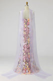 Vestido Longo de Mãe da Noiva Floral de Sereia Roxo Claro Sem Alças com Fenda