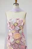 Vestido Longo de Mãe da Noiva Floral de Sereia Roxo Claro Sem Alças com Fenda