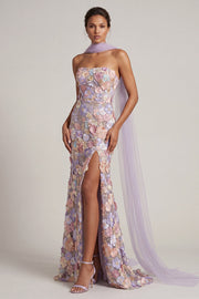 Vestido Longo de Mãe da Noiva Floral de Sereia Roxo Claro Sem Alças com Fenda