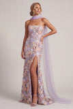 Vestido Longo de Mãe da Noiva Floral de Sereia Roxo Claro Sem Alças com Fenda