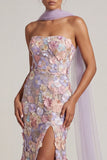 Vestido Longo de Mãe da Noiva Floral de Sereia Roxo Claro Sem Alças com Fenda