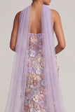 Vestido Longo de Mãe da Noiva Floral de Sereia Roxo Claro Sem Alças com Fenda