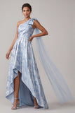 Vestido de Mãe da Noiva Azul Celeste Floral Linha A High Low com laço
