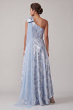 Vestido de Mãe da Noiva Azul Celeste Floral Linha A High Low com laço