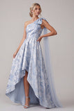 Vestido de Mãe da Noiva Azul Celeste Floral Linha A High Low com laço